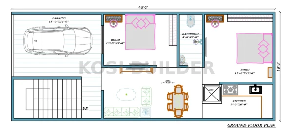 19x47 West Facing House Plan: A Modern Two-Story Design with Parking